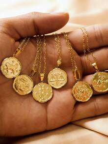 MECYLIFE 1pc Stainless Steel Vintage Zodiac Coin Necklace, Minimalist Style Jewelry For Women - Yellow Gold - View 2