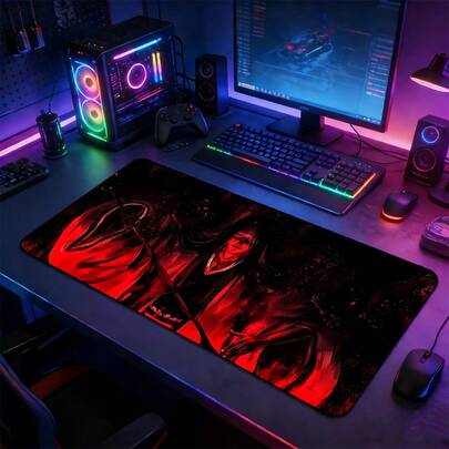YUFZX Extra Large Dark Anime Character Themed Mouse Pad In Red And Black, With Non-Slip Rubber Base, Washable Stitched Edges, Suitable For Gaming Setup And Home/Office, Ideal Gift For Dark Anime And Gothic Aesthetic Enthusiasts