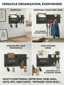 [2-7 Days Must Arrive] Aesthetic Black Wooden Floating Shelf With 6 Hooks, 15" Rustic Entryway Wall Decor For Keys & Mail, Farmhouse Style Letter Sorter For Living Room, Minimalist Wall-Mounted Display Rack For Small Plants & Photos, Chic Apartment Essentials For Home Tidying - 1PC - View 5