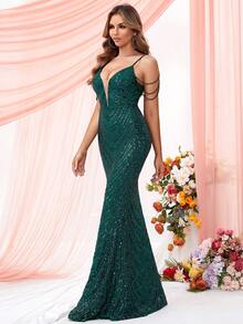 LOVE&LEMONADE Vestido Maxi Romántico de Fiesta con Cuentas y Lentejuelas, Tirantes Finos y Espalda Descubierta, Ideal para Ocasiones Formales. - Verde Oscuro - Ver 3