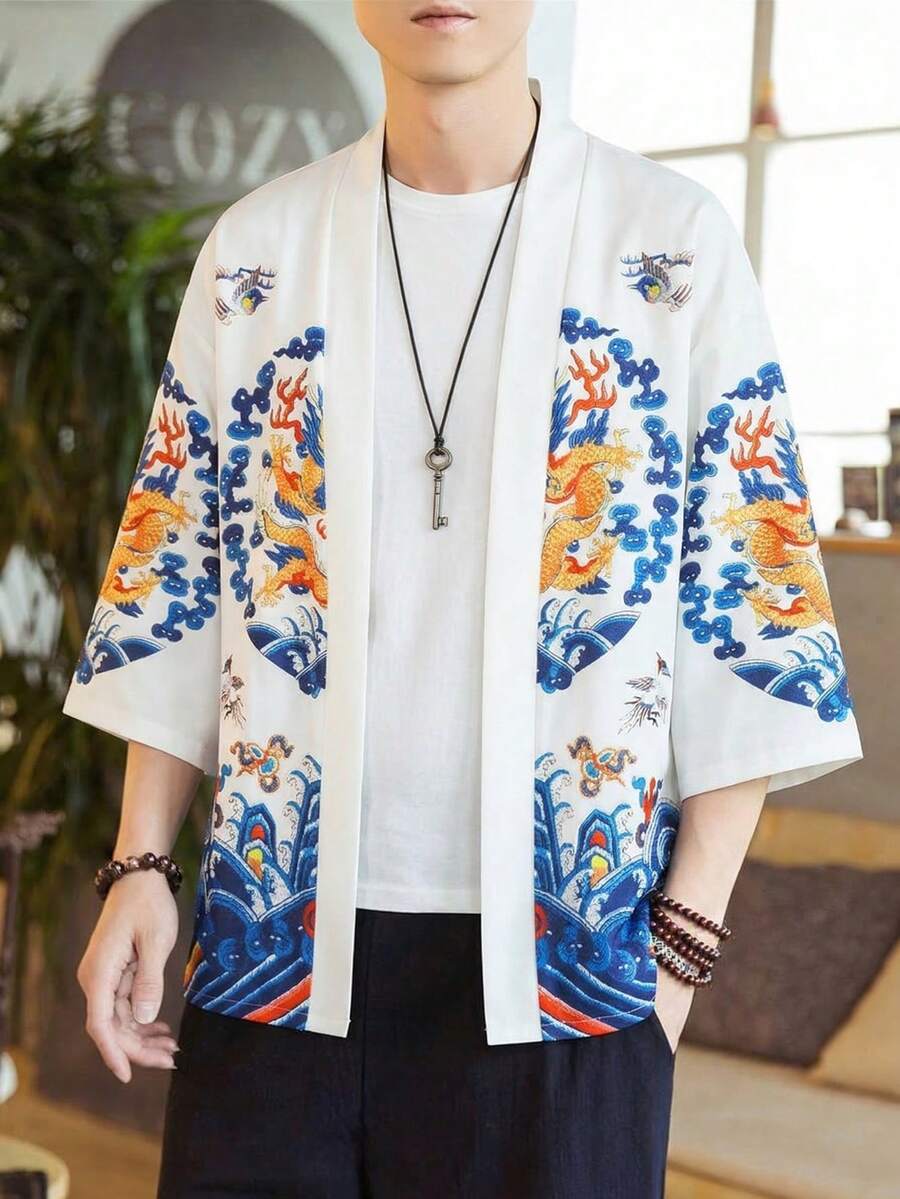 中国风龙纹印花七分袖长袍开衫，宽松男女通用轻便休闲外套 - 白色 - 查看 1