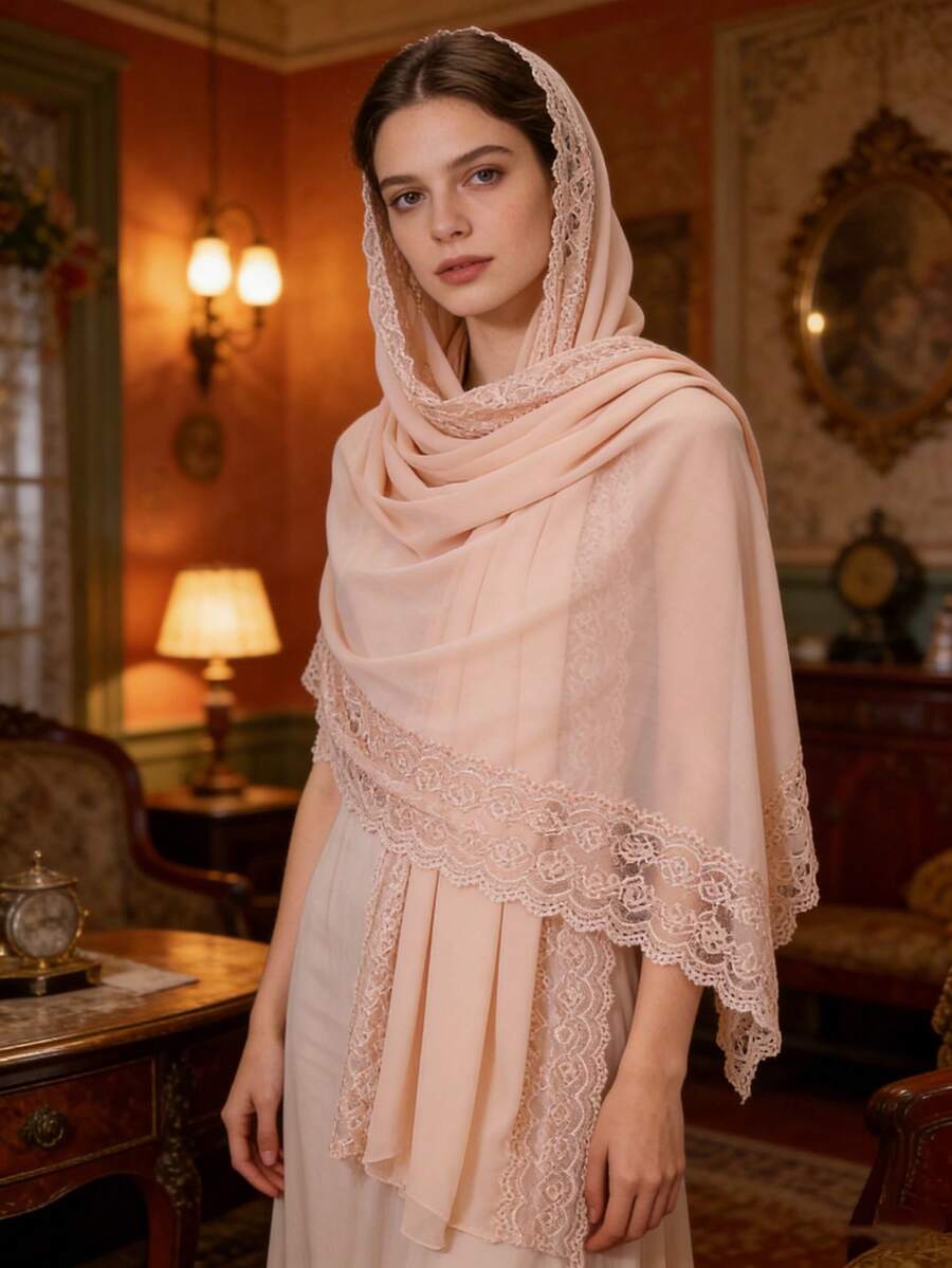 1pc Pearl Chiffon Lace Trim Women's Headscarf, New Summer Travel Shawl Scarf - Multicolor - View 1