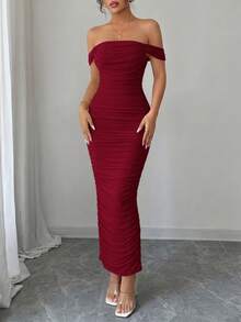 Women's Summer Dresses Off The Shoulder Dress Ruched Bodycon Sleeveless  Evening Elegant Dresses Wedding Guest Graduation  Cocktail Club Party Wine Red Maxi Dresses - Màu Đỏ Sâu - Xem 3