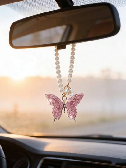 1件套全钻蝴蝶珍珠链汽车后视镜挂件，适用于女士汽车内饰装饰