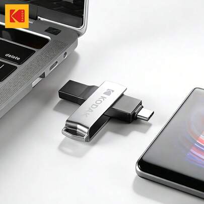  Unidad flash USB 2 en 1 KODAK Type-C USB3.2 OTG de 64GB, 128GB, 256GB, unidad flash de doble propósito con metal, compatible con iPhone 15/16/17, iPad Mini 6 2021, Macbook, computadora portátil, teléfono inteligente Android (con función USB C OTG)
