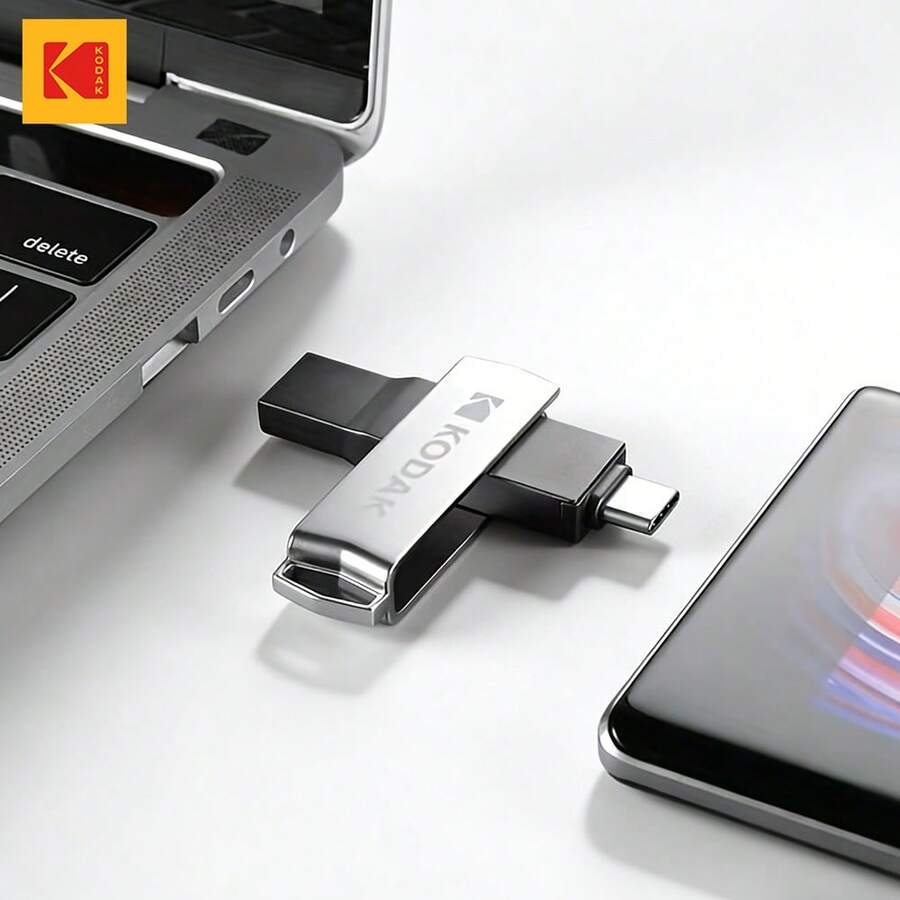 Kodak 柯达二合一U盘 Type-C USB3.2 OTG 64GB 128GB 256GB 双用途金属U盘闪存盘 兼容iPhone 15/16/17 iPad Mini 6 2021 Macbook 电脑 笔记本电脑 安卓智能手机（带USB C OTG功能） - 查看 1