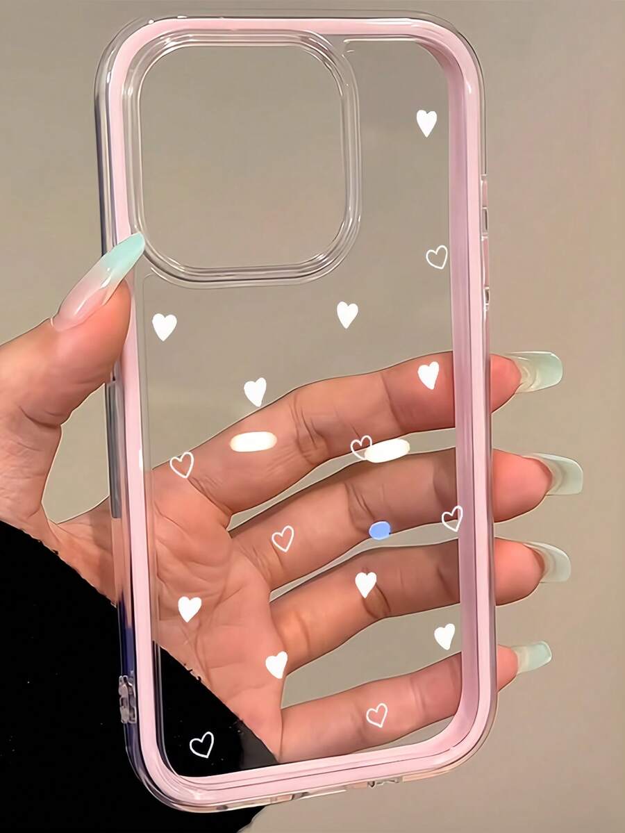 1pc Pink Framed 2-In-1 High-End Transparent Minimalist Lens Protection Anti-Fall Anti-Collision Full Screen White Heart Pattern Phone Case, Personalized For IPhone 16 Pro Max, 17/16/15/14 Plus/13/12/11, Air - Multicolor - View 1