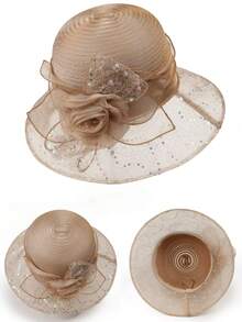 1pc Women's Sequin Organza Mesh Sun Hat, Inlaid Mesh Big Flower, Breathable Lightweight Elegant, Suitable For Women's Daily Outings, Parties, Dates, Gifts - Multicolor - View 3