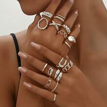Juego de 16 anillos minimalistas apilables con textura, anillos de cadena retorcida hueca de estilo bohemio y Y2K, adecuados para apilar a diario y usar en estilo callejero, anillos de vacaciones de verano - Juego de anillos - Ver 7