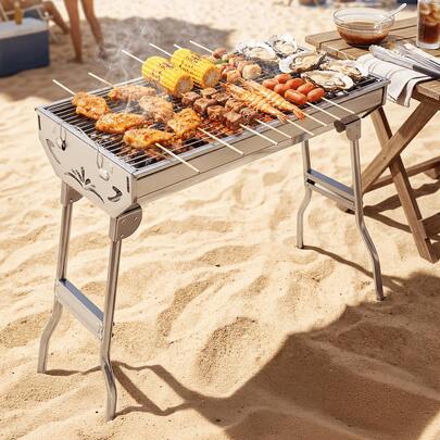 Senmeo Outdoor Stainless Steel Foldable Charcoal Grill, Rustproof & Heavy-Duty, Tool-Free Setup For Camping & Backyard BBQ