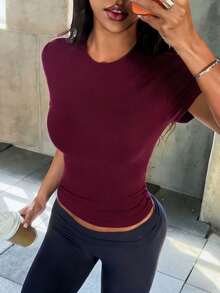 Women's Casual Slim Fit Round Neck Top, Suitable For Daily Wear In Summer - Burgundy - View 7