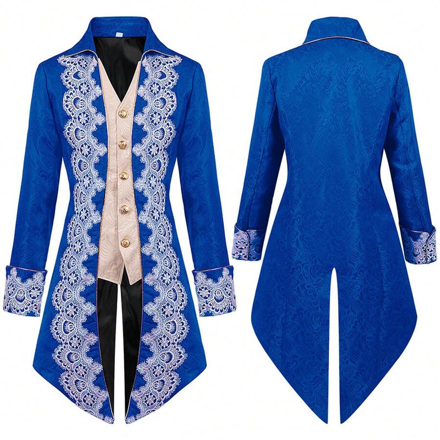 2026 Men's Mid-Length Medieval Costume Jacket, Victorian Gothic Coat, Men's Cosplay Outfit - Blue Lace Tuxedo - View 1