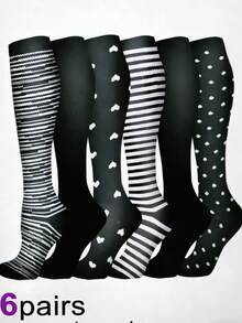 6双装男女通用弹力压缩袜，小腿支撑运动袜，黑色、白色条纹、纯色、心形图案，防静脉曲张 - 彩色 - 查看 1