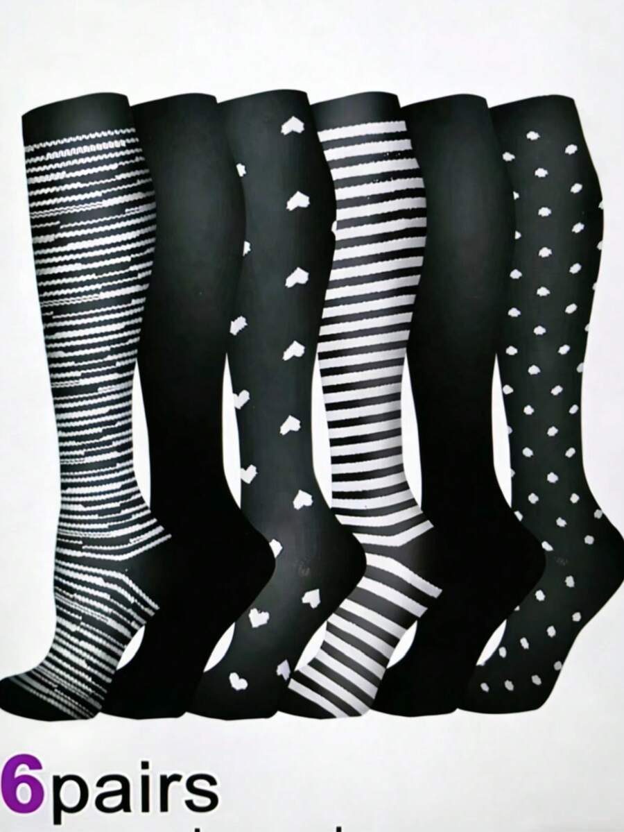 6双装男女通用弹力压缩袜，小腿支撑运动袜，黑色、白色条纹、纯色、心形图案，防静脉曲张 - 彩色 - 查看 1