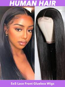 Tóc giả không cần keo, dài 26 inch, làm từ tóc thật, đã được tỉa sẵn, cắt sẵn, mật độ 180, khóa ren trong suốt 5x5, tóc giả thẳng nguyên chất Brazil, dành cho người mới bắt đầu, có tóc con, màu đen tự nhiên (8-30 inch) - Natural Black - Xem 1