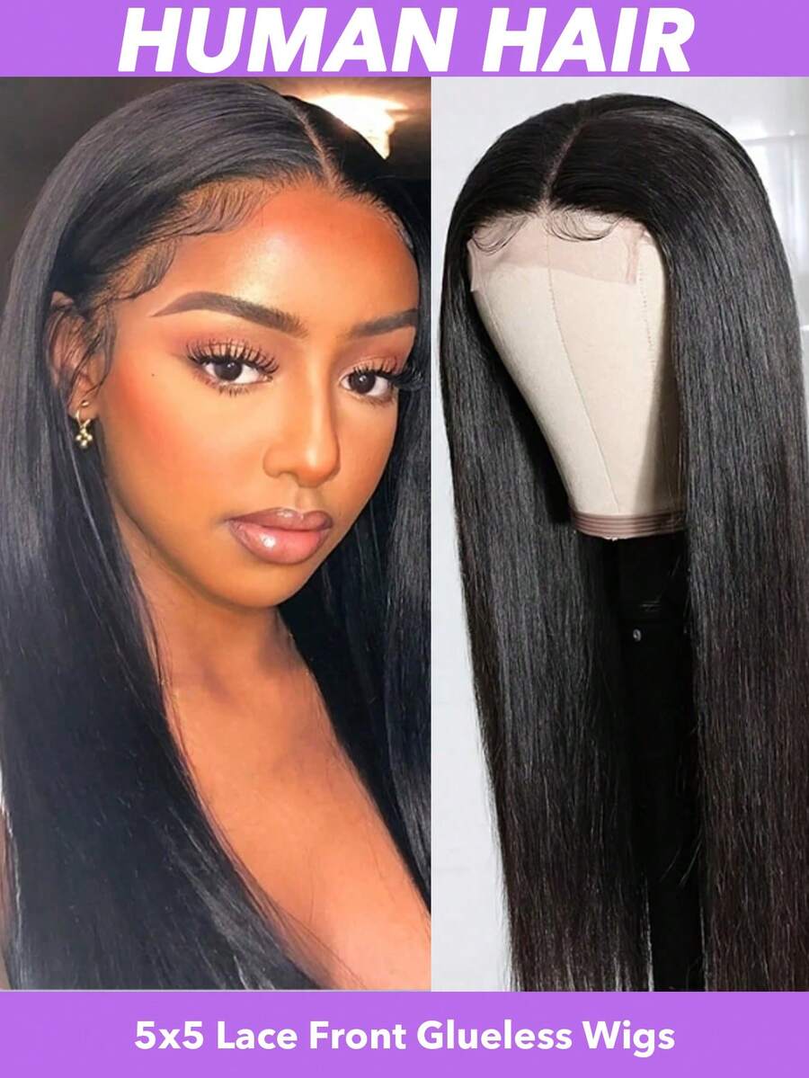 Tóc giả không cần keo, dài 26 inch, làm từ tóc thật, đã được tỉa sẵn, cắt sẵn, mật độ 180, khóa ren trong suốt 5x5, tóc giả thẳng nguyên chất Brazil, dành cho người mới bắt đầu, có tóc con, màu đen tự nhiên (8-30 inch) - Natural Black - Xem 1