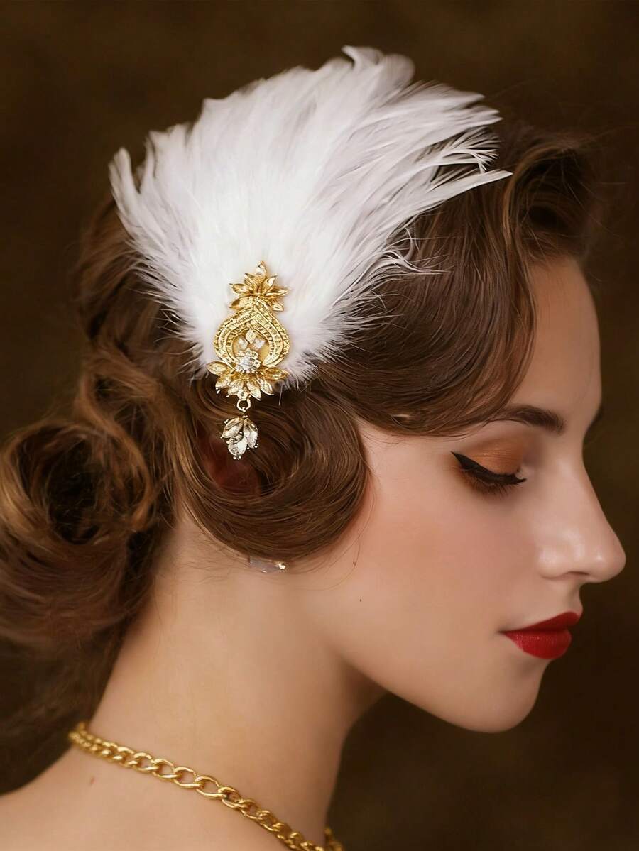 1 pieza Peineta de plumas con estilo retro de los años 20, accesorio de pelo con plumas de cristal y strass para mujeres, decoración vintage elegante para vestidos de fiesta - Dorado - Ver 1