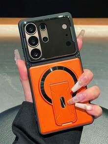 Multifunctional Heavy Industry Anti-Drop Invisible Bracket Support Wireless Charging Phone Case Compatible With Samsung Galaxy S26Ultra S25Ultra S24Ultra S23Ultra S26 S25 S24 A57 A56 Luxury Camera Lens Protect Stand Shock Protection Bumper Back Cover - Orange - View 2