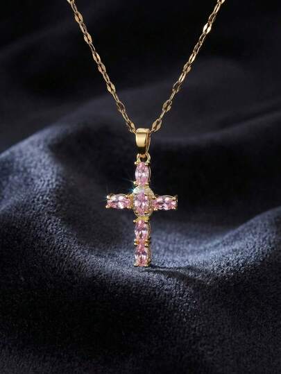 1pc Elegant Luxury Pink Cubic Zirconia Cross Pendant Necklace, Tarnish-Resistant Stainless Steel Gold Plated, Suitable For Girls, Exquisite Sparkling, Religious Christian Party Banquet Faith Baptism First Communion Jewelry, Daily Wear