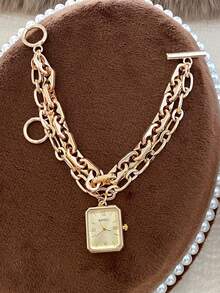 金色方形手镯式女士石英表，复古时尚气质，适合日常搭配，生日/毕业礼物，休闲聚会佳品。 - 金色 - 查看 7