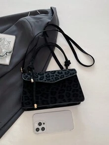 新款豹纹复古时尚优雅休闲手提包、单肩包和斜挎包，女士款 - 黑色 - 查看 8