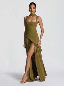 European-American Fitted Maxi Dress, Straps, Long Sleeves, Casual And Feminine Style, Plain Tube Cut - 綠色 - 查看 3