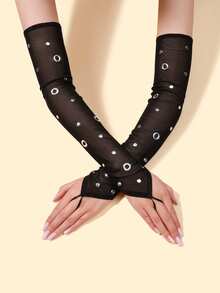 1 双 Y2K 风格女士网眼半指臂套，银色戒指装饰，朋克风夏季防晒保暖臂套，显瘦手臂套，旅行，节日 - A - 查看 9