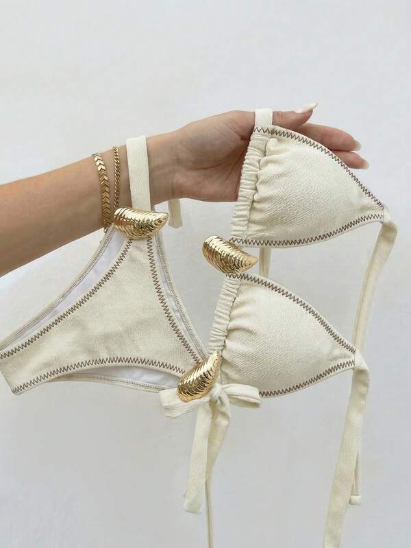 Bikinx 2件套女士时尚性感金属亮片装饰夹式比基尼套装，舒适易穿度假泳装沙滩白色