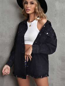 Damen Einfarbige Lässige Denim Jacke mit Taschen & Fransen Saum, Frühling/Herbst Schwarz - Schwarz - Übersicht 3
