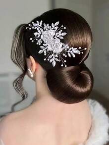 Silver Flower Bridal Hair Clip Handmade Rhinestone Women's Headpiece Suitable For Wedding Party Easter - Silver - View 2