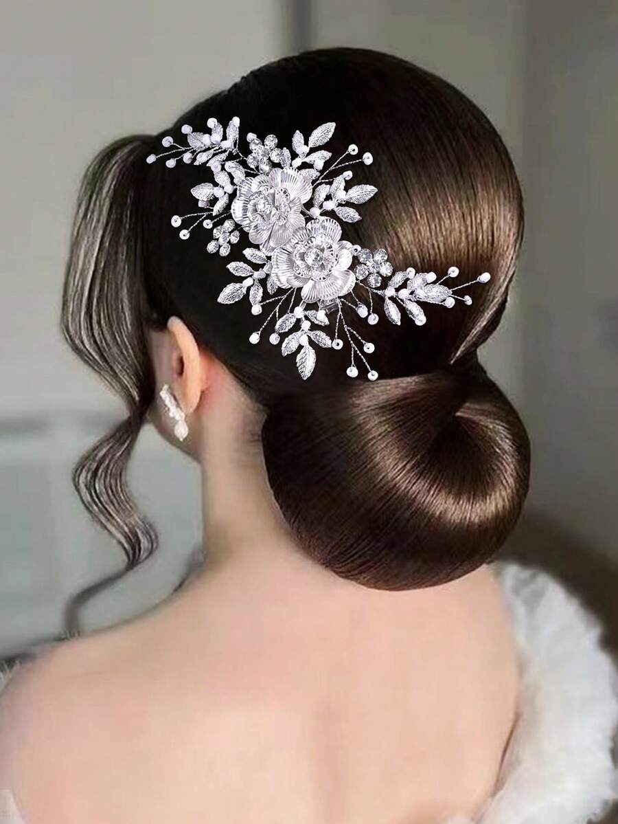 Silver Flower Bridal Hair Clip Handmade Rhinestone Women's Headpiece Suitable For Wedding Party Easter