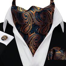 Men's Orange Paisley Pattern Cravat Ascot Tie Set – Includes Matching Pocket Square & Cufflinks, Formal Wedding Business Accessory,Accessories,Festival - Burnt Orange - View 5