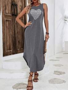 Sleeveless Tee Dress, Sparkling Heart Graphic Print, Casual Tank Dress For Women, Lightweight Polyester, Round Neck, Machine Washable, Spring & Summer Wear - 灰色 - 查看 3