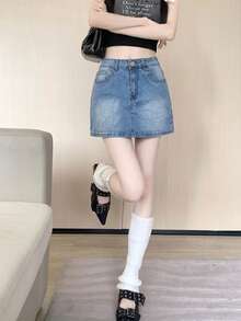 中腰蓝色休闲A字修身牛仔迷你裙，适合夏季日常穿着。 - 藍色 - 查看 6