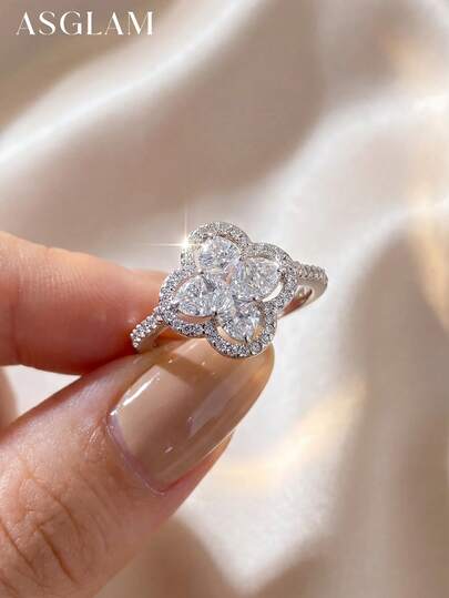 1pc Elegant Four-Leaf Clover Zirconia Ring, 925 Sterling Silver Jewelry, Birthday Ring For Women, Exquisite Jewelry Gift For Girl's Birthday, Prom Party