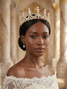 1PC Vintage Tone Pearl And Rhinestone Tiara Baroque Crown Elegant Bridal Hair Accessory 14.5cm Diameter - Multicolor - View 4