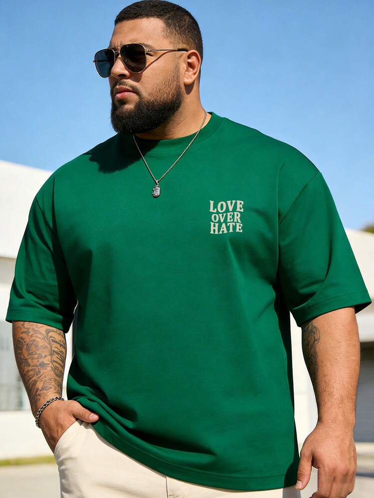 男士大码圆领短袖T恤，休闲百搭字母印花T恤，适合夏季户外穿着。是运动和户外活动的理想之选，也是送给男友或丈夫的绝佳礼物。 - 墨綠色 - 查看 3