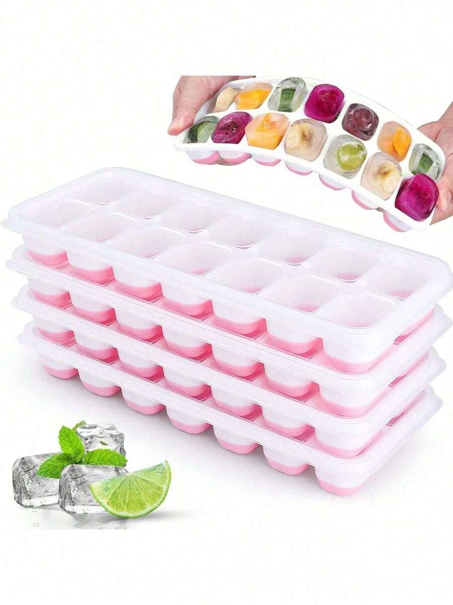 1pc/2pcs/4pcs Kitchen Ice Cube Tray, 14-Grid Silicone Ice Cube Mold With Leak-Proof Separate Lid. Quick Ice Making, Leak-Proof Storage, Space Saving. Suitable For Daily Beverages, Summer Cocktails And Home Gatherings, All-Season Use. - Pink - View 1