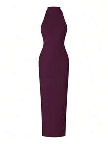 EARO Women's Black Sleeveless Bodycon Long Dress, Side Slit Design, Ruched Details, Fashionable And Versatile Elegant Party Summer - Burgundy - View 3