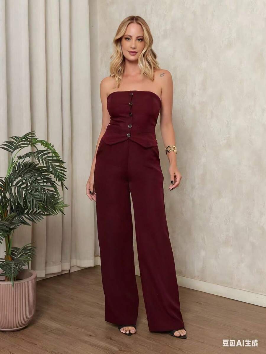Tailored Set: Sensual Pants And Strapless Blouse With Buttons - Perfect For New Year's, Christmas, Summer, And Vacation - 紅木色 - 查看 1