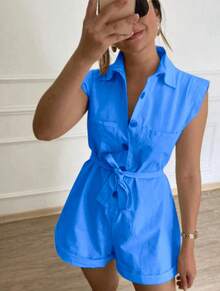 Women's Clothing/ Jumpsuit/Headband/Linen - 淺色水洗藍 - 查看 2