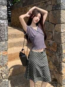 Falda de malla a cuadros de estilo retro francés, casual para mujer en primavera - Gris - Ver 8