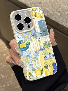 1pc Fashionable Lemon Element Striped Wine Glass Pattern Litchi Texture Anti-Drop Anti-Slip Soft Phone Case Compatible With Apple, Phones,International Version, Not The Domestic Version - Multicolor - View 5