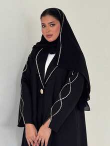Hafizah 2026 New Modest Robe, Fashionable Elegant Embroidered Cardigan With Headscarf Abaya - Black - View 4