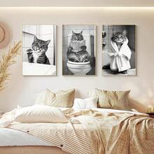 3 piese de postere imprimate pe pânză cu pisici de baie, tablouri decorative abstracte moderne, potrivite pentru decorarea dormitorului, decorarea camerei de zi, coridoare, bucătării, sufragerii, băi, cafenele, birouri, apartamente, studii, cămine, decorațiuni de perete, decorațiuni interioare și decorațiuni de cameră, ceea ce le face cadouri ideale pentru prieteni. - 3 buc - Vizualizare 3