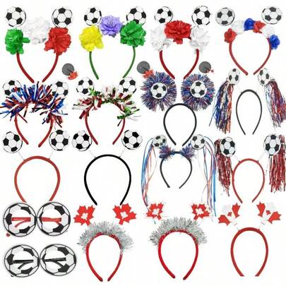 Băng đô và kính bóng đá, chất liệu nhựa + polyester, thích hợp cho cổ vũ thể thao, tiệc theo chủ đề, ngày lễ, trang trí hàng ngày, chủ đề bóng đá World Cup, băng đô co giãn vừa vặn thoải mái cho người lớn.