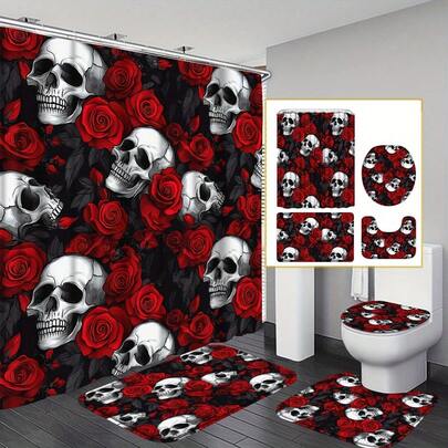 4pcs Skull Shower Curtain Set, Housewarming Decorative Gift, Modern Home Decor, Creative Bathroom Set With Shower Curtain And Rug, Waterproof Curtain And Bathroom Mat 3 PiecesSet, Includes 12 Curtain Hooks