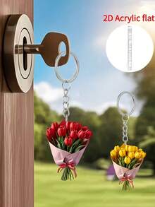 Bouquet de tulipes plates 2D en acrylique élégant, porte-clés léger, pendentif bouquet de fleurs pour la Saint-Valentin, ornement amusant, accessoire de sac à dos, pendentif mode, décoration de maison, pour décorations et charms de voiture, charms d'écouteurs, charms de sac, cadeau d'accessoire, cadeau parfait pour la famille et les amis, cadeaux de la Saint-Valentin, cadeaux d'anniversaire, cadeaux de fête, cadeaux d'anniversaire de mariage, cadeaux de fête des mères - A - Voir 2