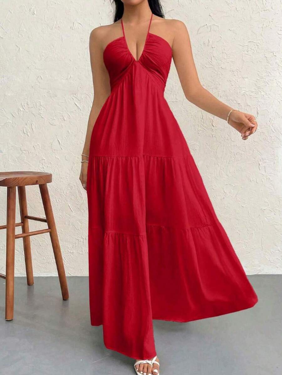 Nuovo abito estivo tinta unita con marsupio sexy e schiena scoperta, perfetto per le vacanze al mare. - Grande Rosso - Visualizzare 1