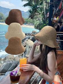 1顶女士卡其色宽檐草帽，时尚复古大檐沙滩防晒编织帽，夏季适用 - 彩色 - 查看 1